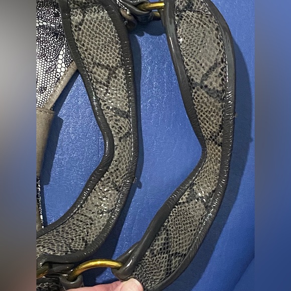 BetsyJohnson br leather/faux snakeskin trim,gold roses buttons hobo - Picture 9 of 16